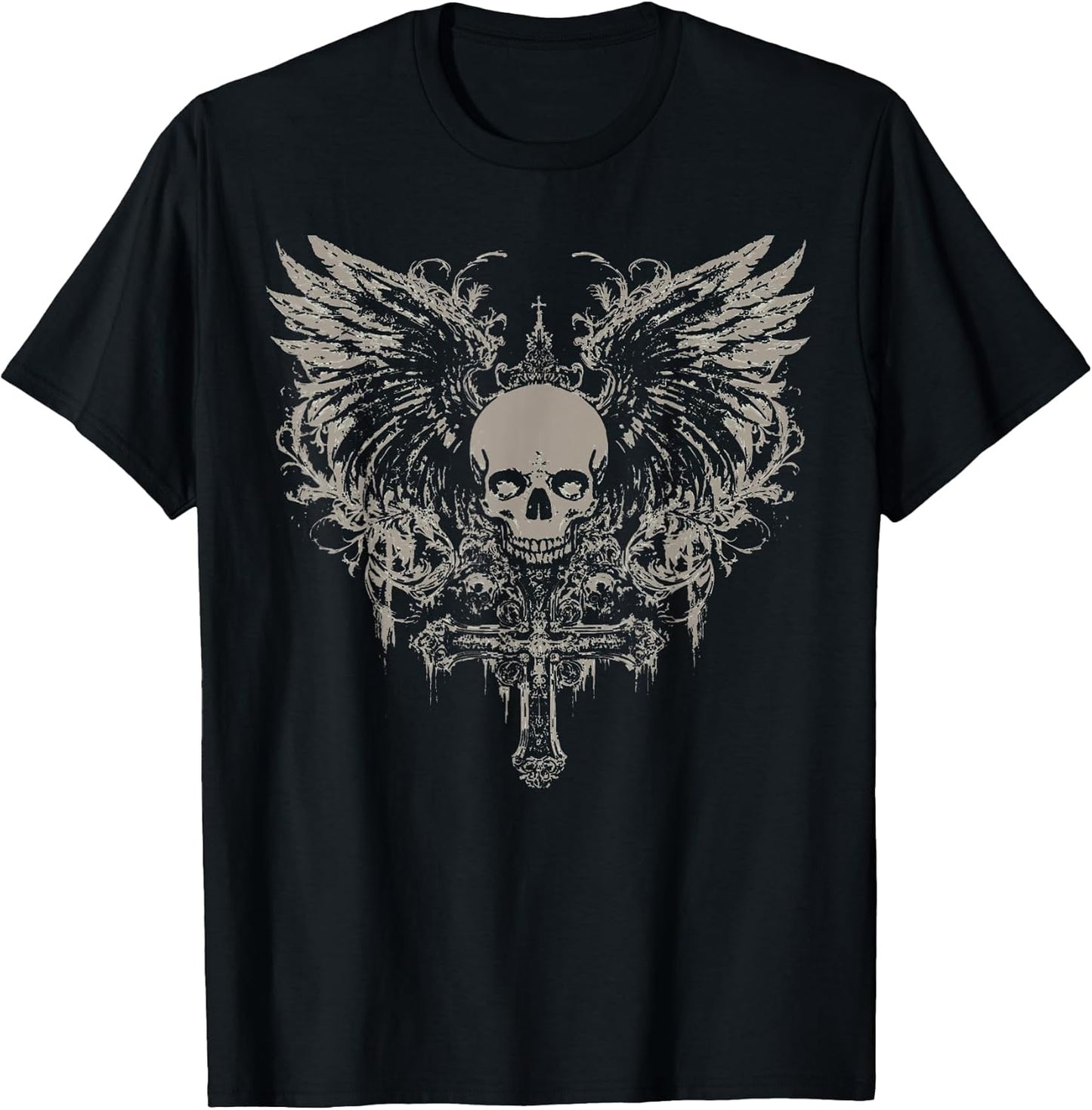 Skull Cross Y2K Goth Alt Grunge Gothic Emo Aesthetic Wings T-Shirt