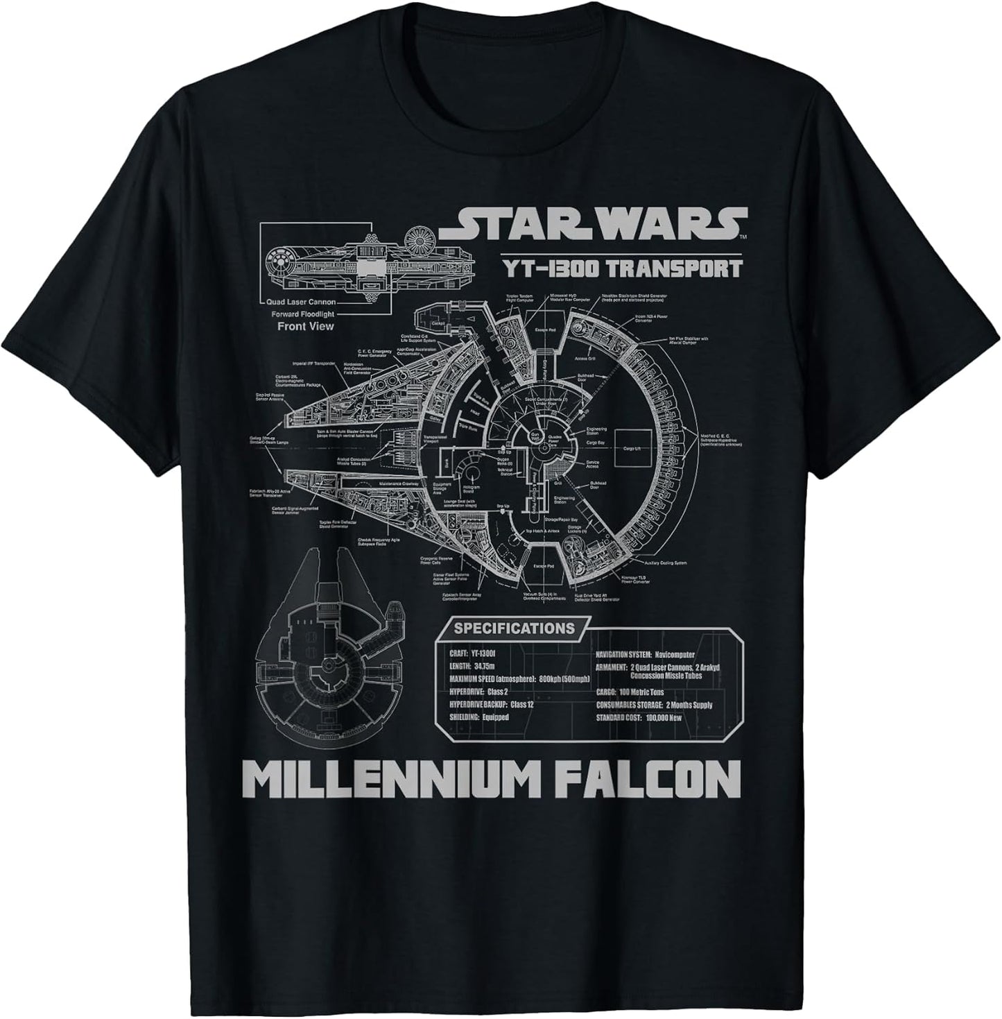 Millennium Falcon Grey Schematics Graphic T-Shirt T-Shirt