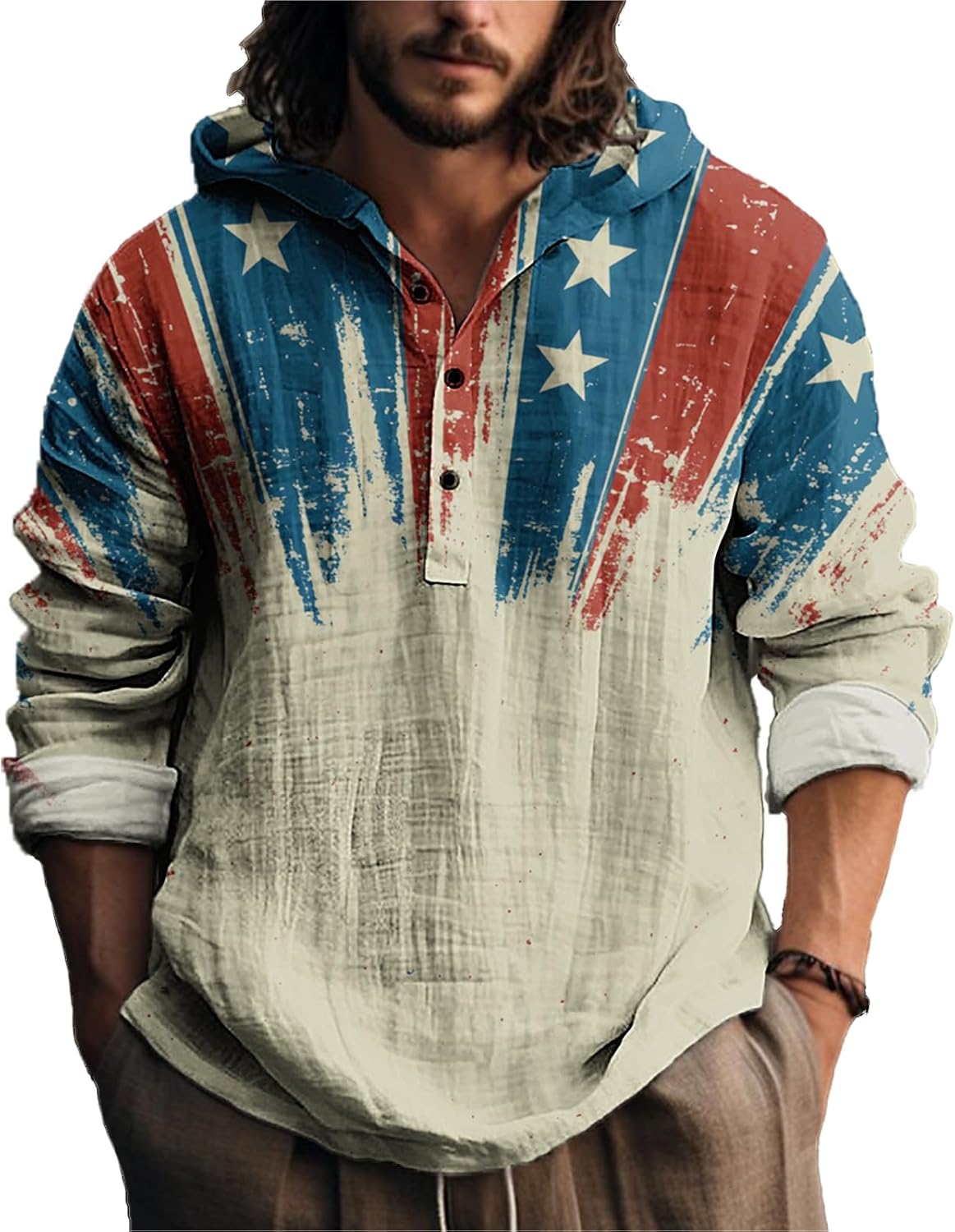 Novelty Hippie Light Weight Hoodie for Men Long Sleeve Hooded Shirt Casual Quarter Button Tops for Spring Fall