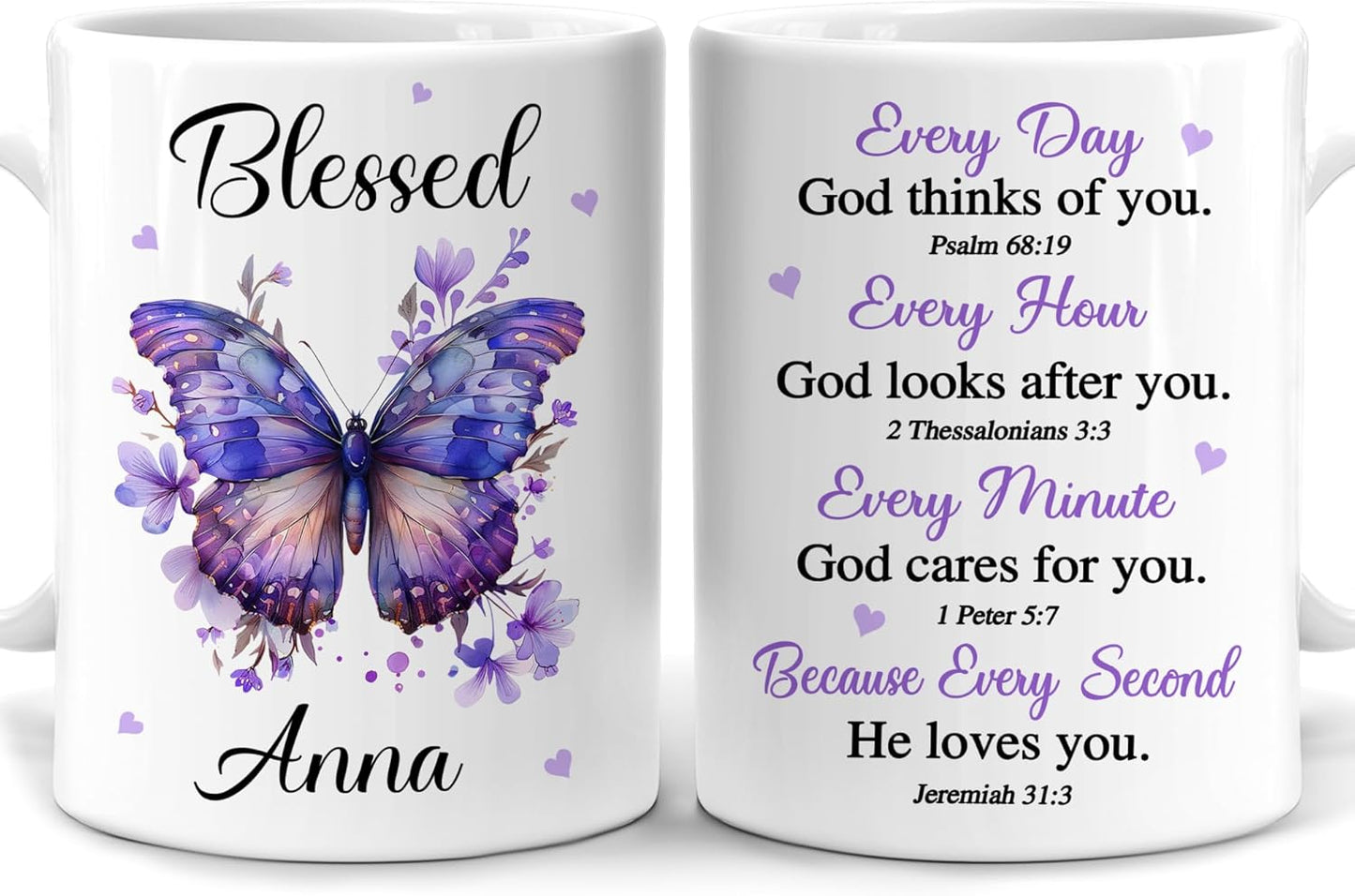 Hyturtle Personalized Inspirational Butterfly Christian Mug - Christian Gifts For Women - Religious Gifts For Birthday - Bible Verse Present - Custom Name Coffee Cup Ceramic Mug 11 Oz 15 Oz