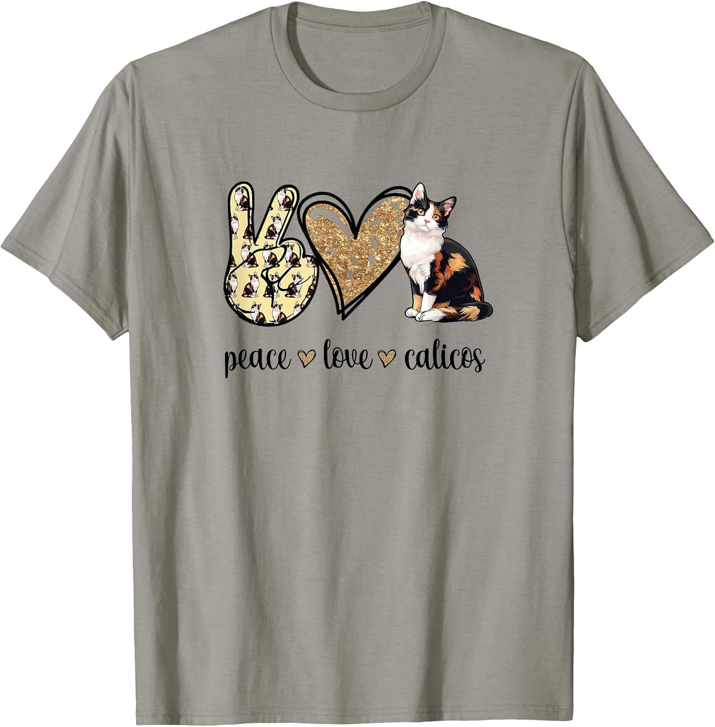 Womens Girls Art Peace Love Calico Cat Lover T-Shirt