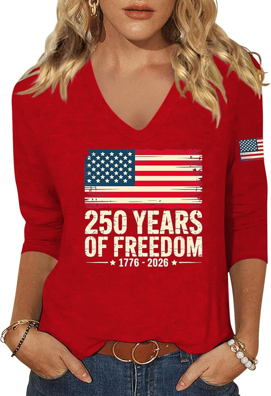 American Flag 3/4 Sleeve V Neck Shirt for Women 4th of July Independence Day Graphic Long Sleeve Tee Summer Patriotic Tops
