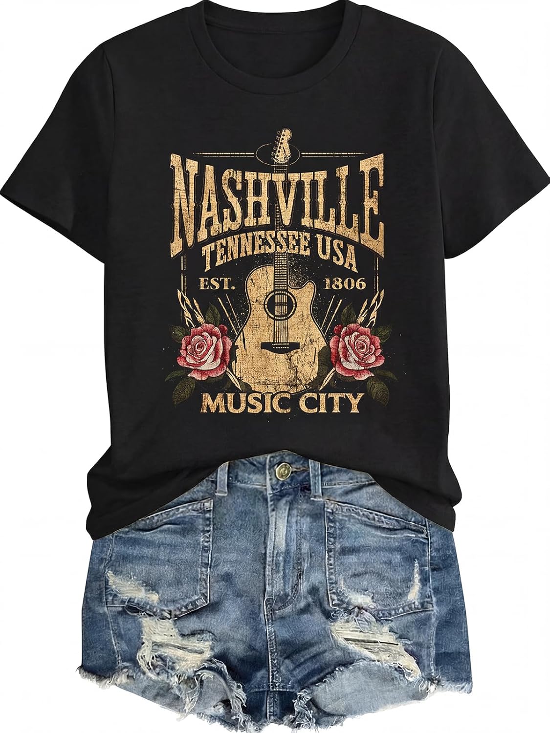 Women Rock Band T-Shirts Vintage Country Music Shirts Nashville Music City Tshirt Guitar Eagle Wings Graphic Tee Tops