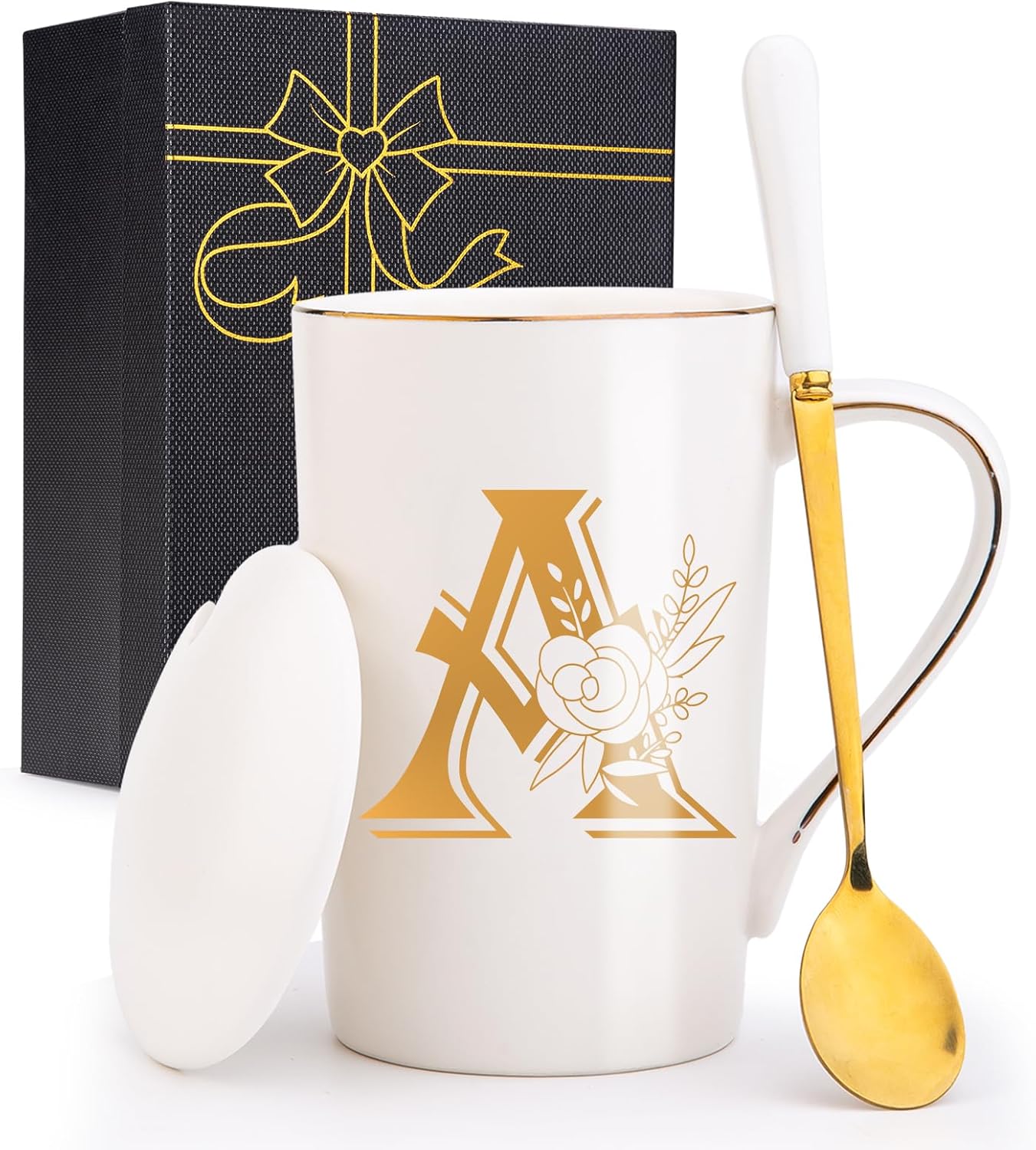 Letter A Personalized Initial Mugs with Flower, Letter A Personalized Coffee Mug, Customized Cool Letter Mugs for Women, Bridal Shower Gifts, Women's Initials Gifts Mug 14 OZ Matte White