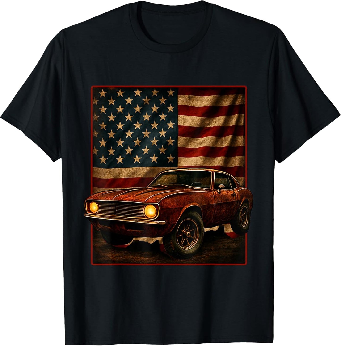 Vintage Muscle Car USA Flag Patriotism Retro Tee