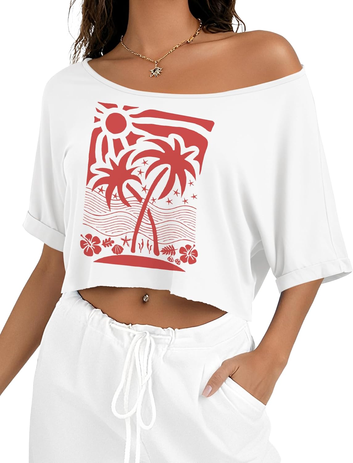 Off The Shoulder Tops for Women Going Out Short Sleeve Crop Top Boat Neck Loose T Shirt
