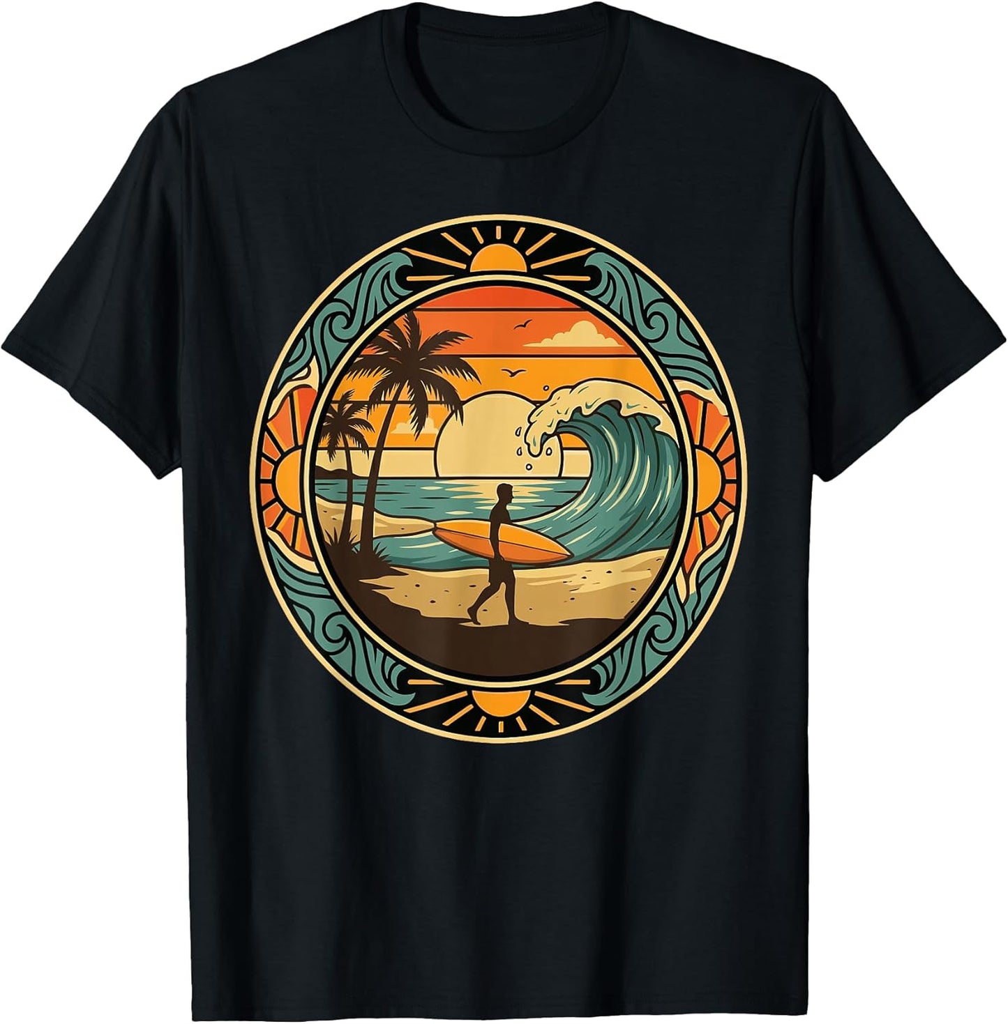 Tropical Beach Sunset Surfing Silhouette Art