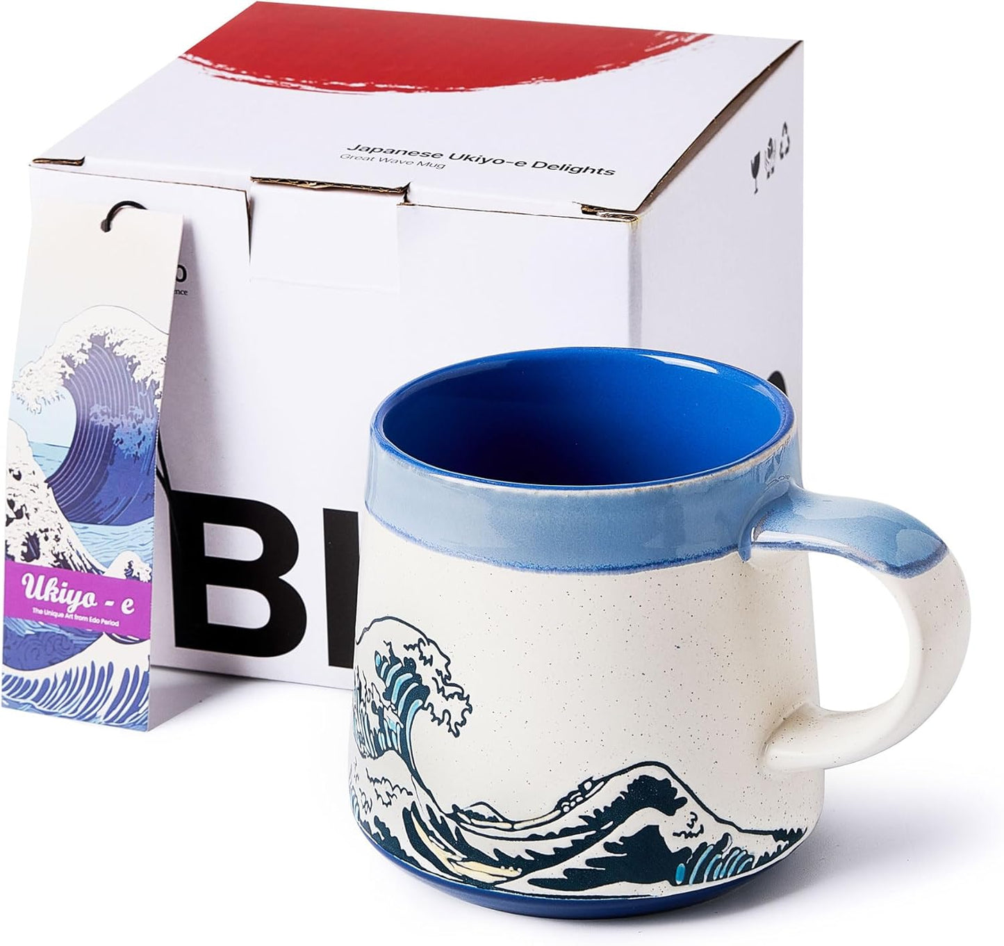BICETTO Handmade 15oz Japanese Ukiyo-e Large Ceramic Coffee Mug, Artistic Pottery Big Tea Cup for Office & Home, Microwave & Dishwasher Safe (Great Wave)