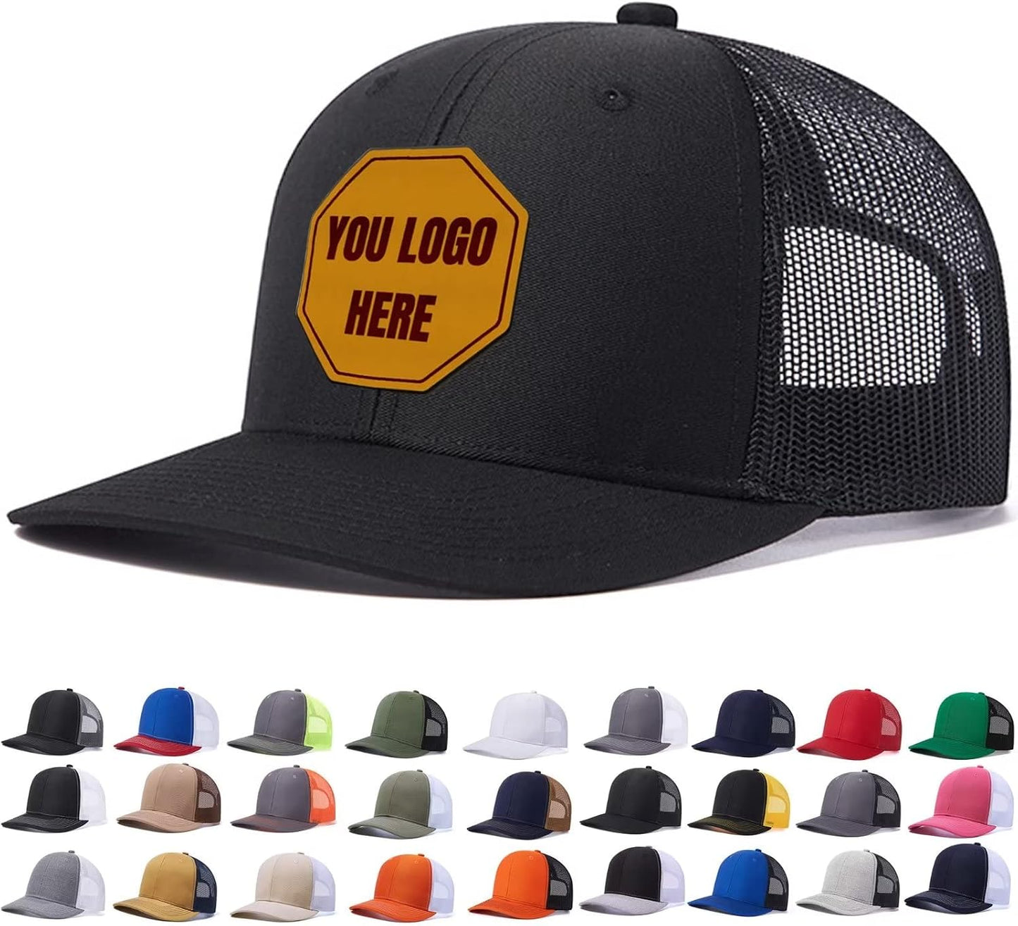 Custom Leather Patch Trucker Hat for Men & Women - Personalized Text & Photo Baseball Cap Laser Engraved. Black