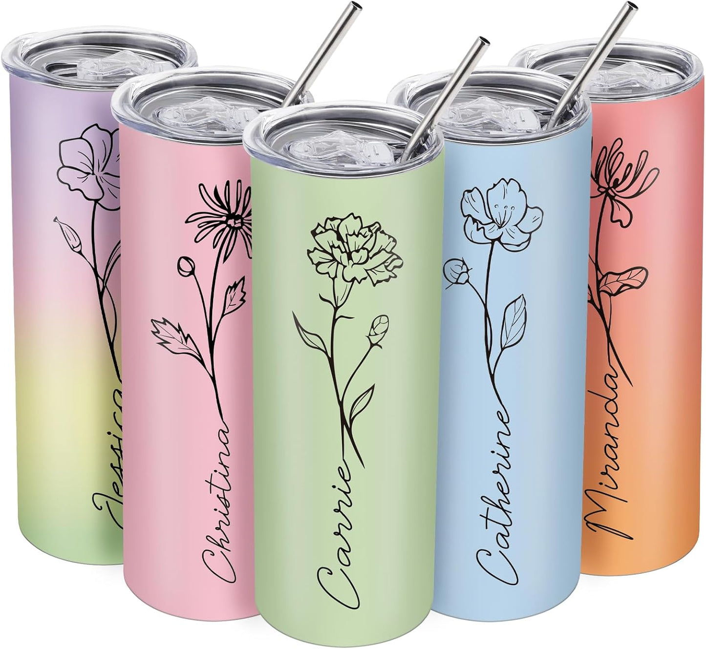 Custom Initial Tumbler, Personalized 20 Oz Monogrammed Cup, Customized Flower Coffee Tumblers with Lids and Straws, Birthday GIFs for Women, Girlfriends, Wife (20OZ Skinny Birth Flower)