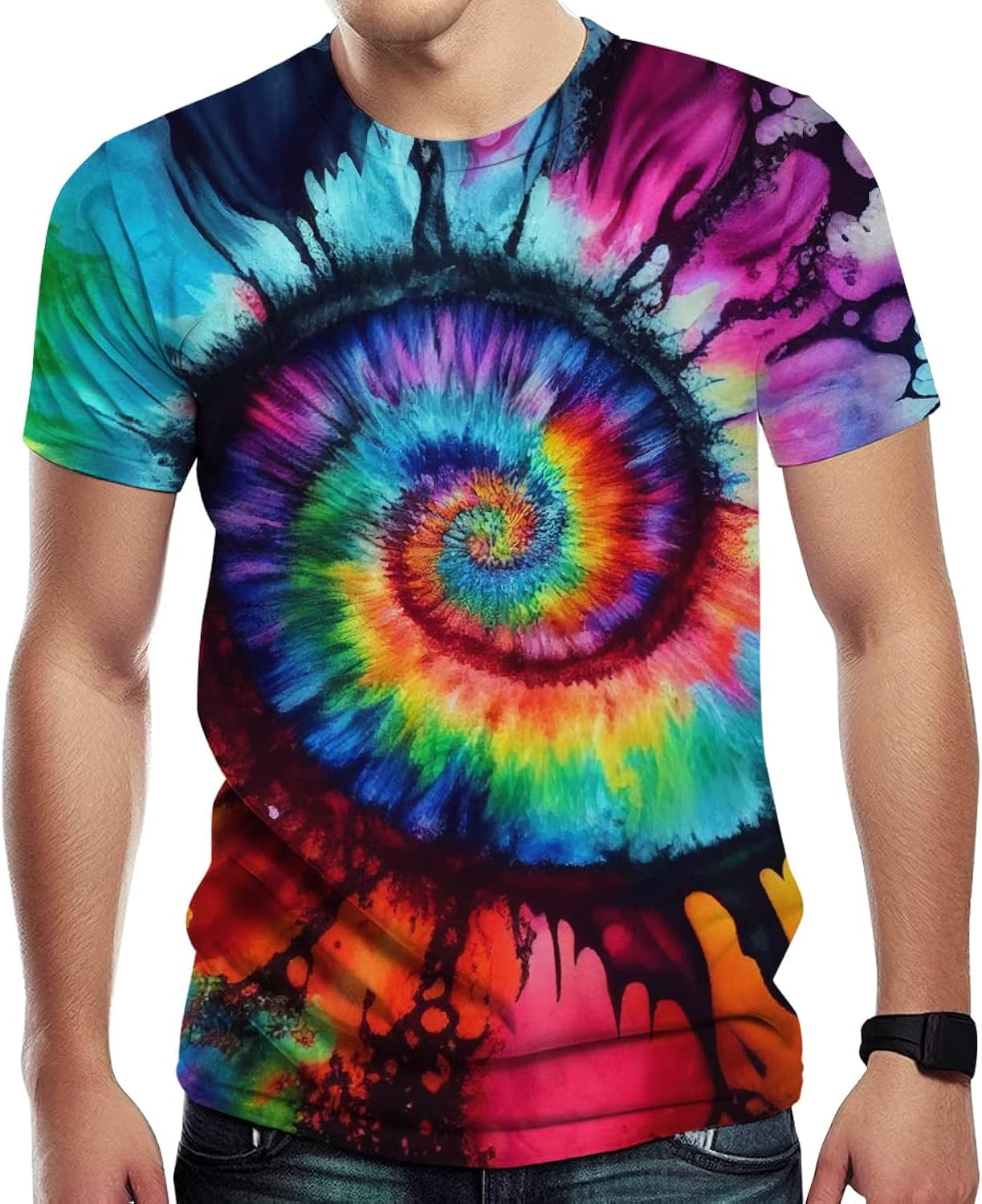 Novelty Tie Dye Style T-Shirts for Men Spiral Streak Print Shirt with Short Sleeves
