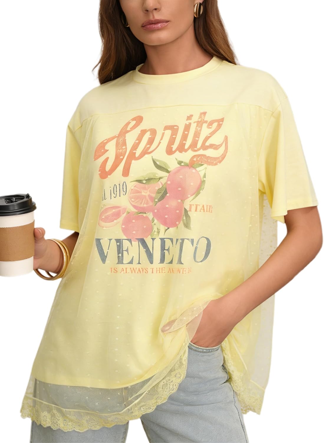 Trendy Crew Neck Oversized T Shirts for Women Short Sleeve Loose Graphic Tee Summer Lace Top