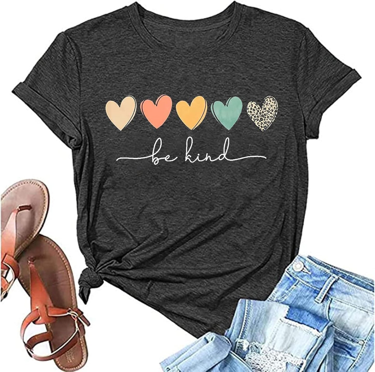 Boho Be Kind Shirt Women Heart Print Teacher Tshirts Vintage Graphic Tee Summer Casual Inspirational Tops
