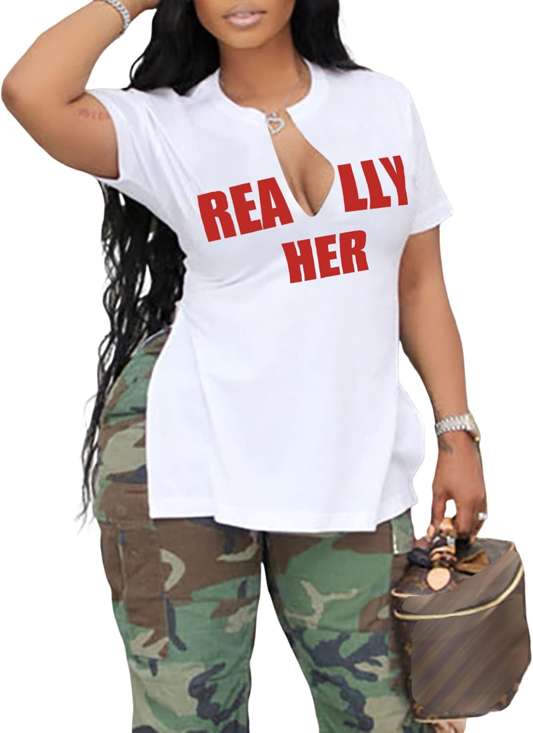 Womens Graphic Tees Sexy V Neck T Shirts Short Sleeve Side Slit Summer Tops
