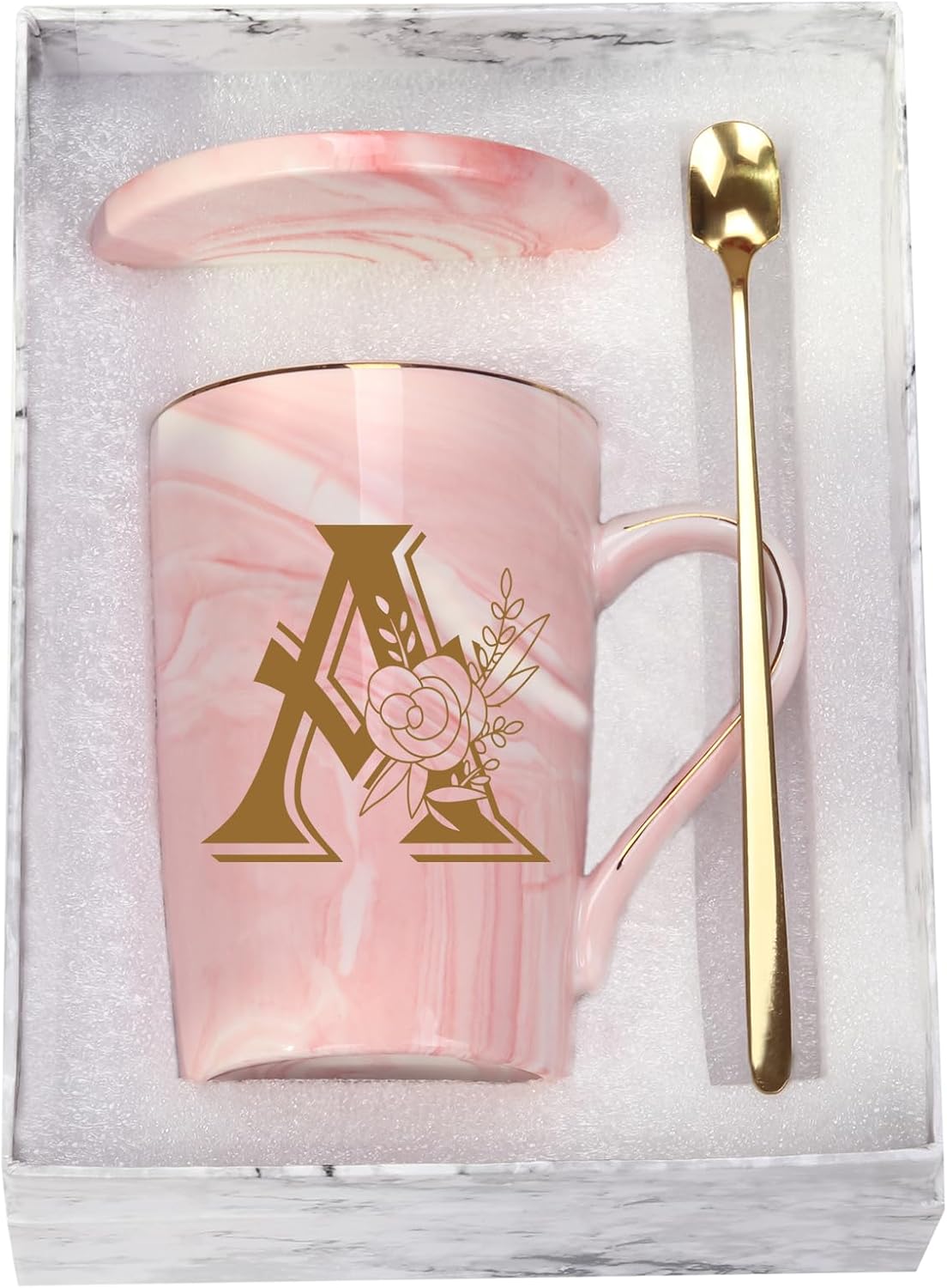Letter A Personalized Initial Mugs with Flower, Letter A Personalized Novelty Coffee Mug, Novelty Letter Coffee Mugs for Women, Bridal Shower Gifts, Women's Initials Gifts Coffee Mug 14 Ounce Pink