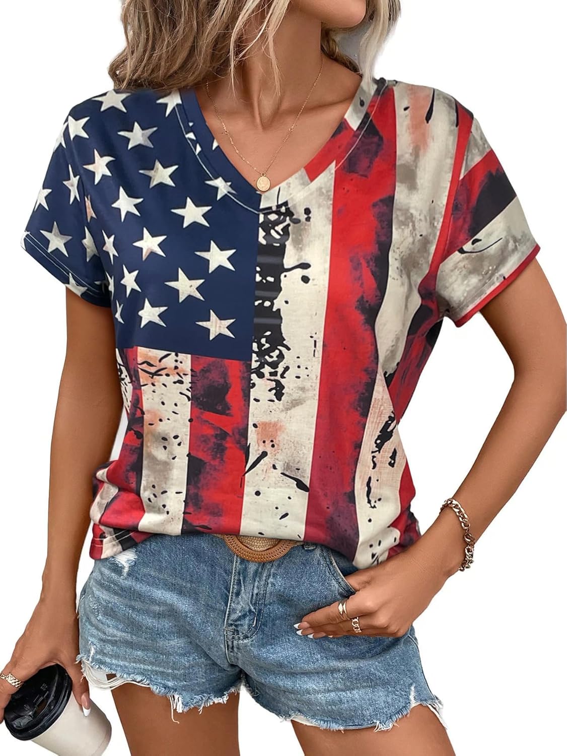 4th of July Shirts Women American Flag Patriotic Shirts USA Star Stripes Graphic T Shirt Short Sleeve Summer Tees