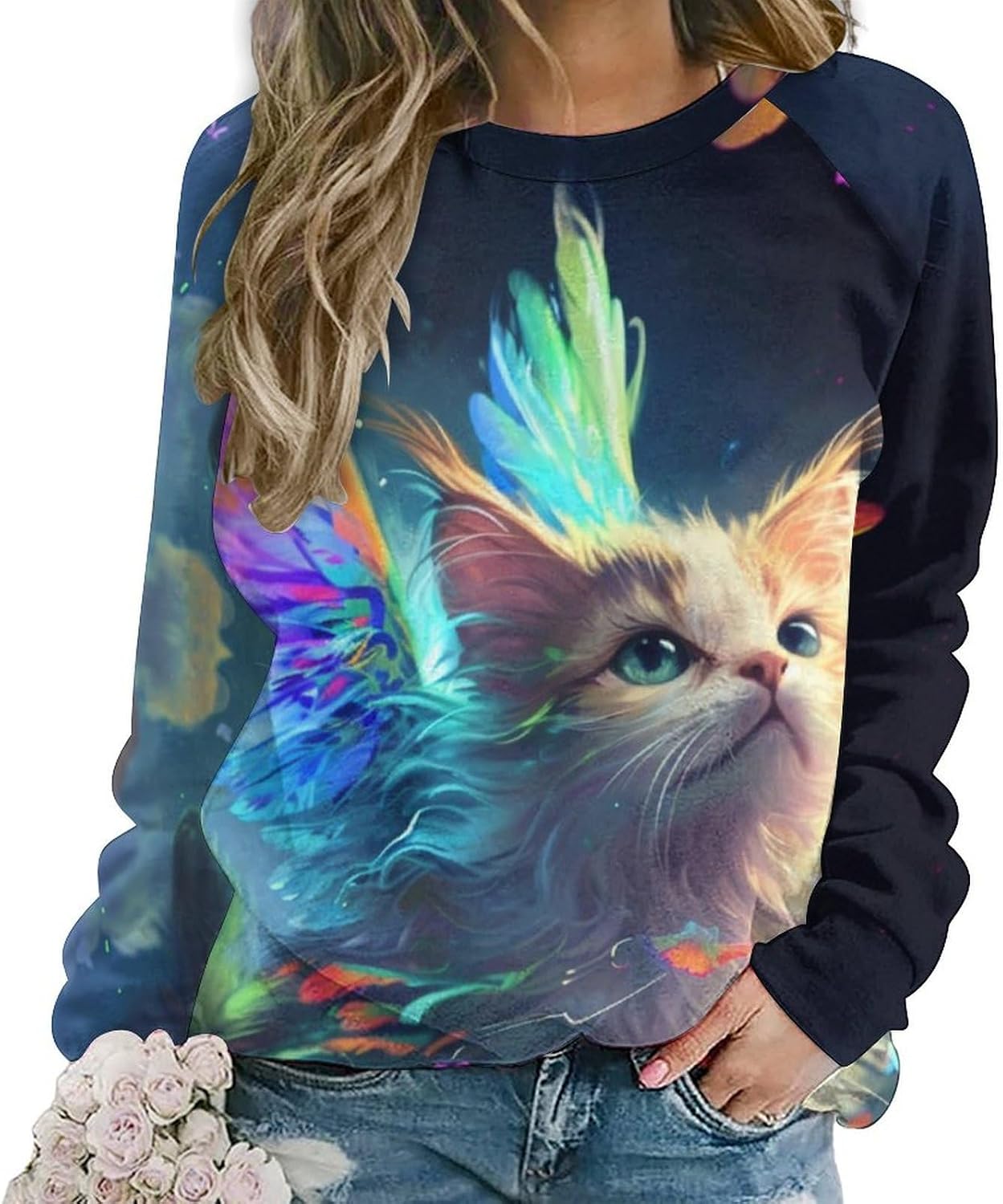 Cat Sweatshirts for Women Fall Fashion Casual Crewneck Pullover Tops Butterfly Floral Graphic Y2K Long Sleeve T Shirt