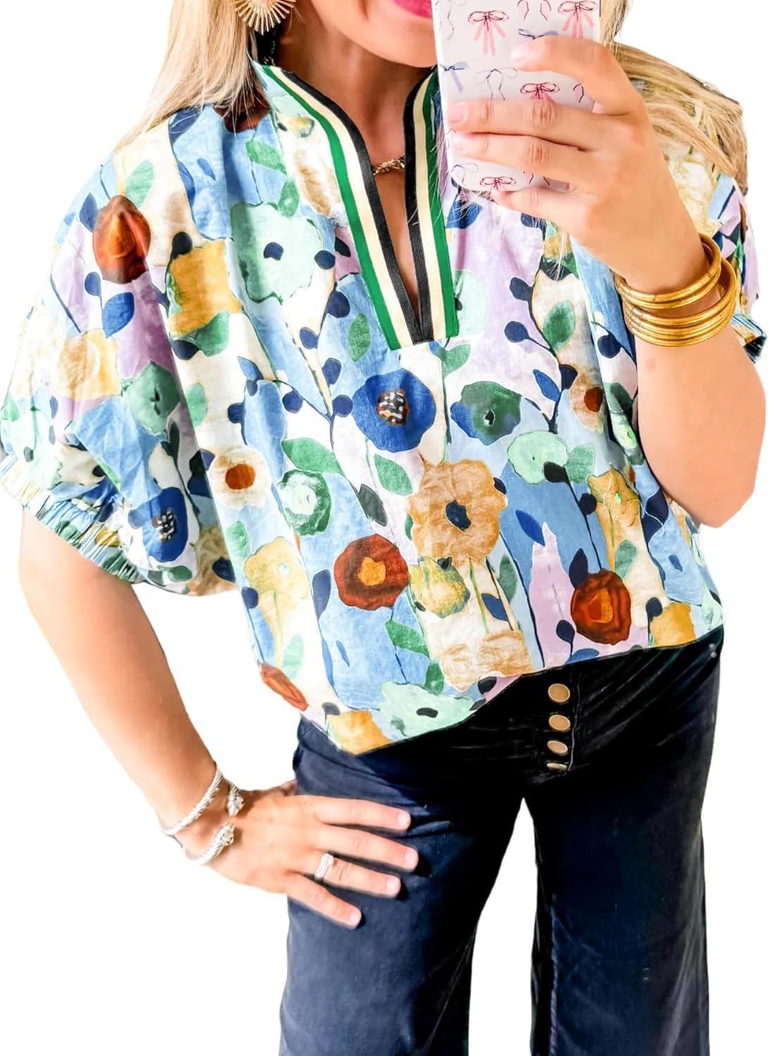 Womens Short Dolman Sleeve Tops Striped V Neck Summer Casual Loose Fit Blouses Business Tee Shirts Dressy