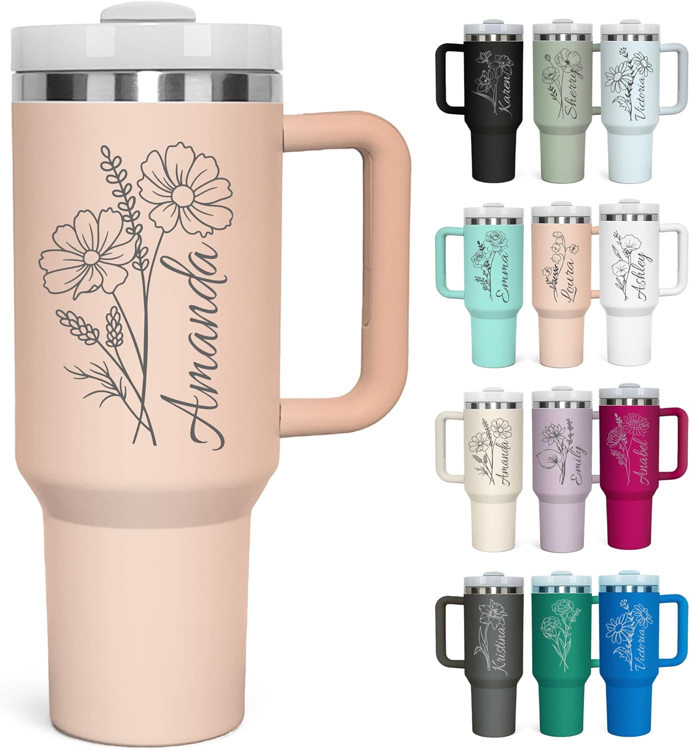 Ships Next Day, Personalized 40 Oz Tumblers Birth Flowers with Names, Custom Stainless Steel 40 Oz Tumbler with Handle and Straw, Birthday Mother's Day Travel Cups Coffee Mug (Flowers 1)