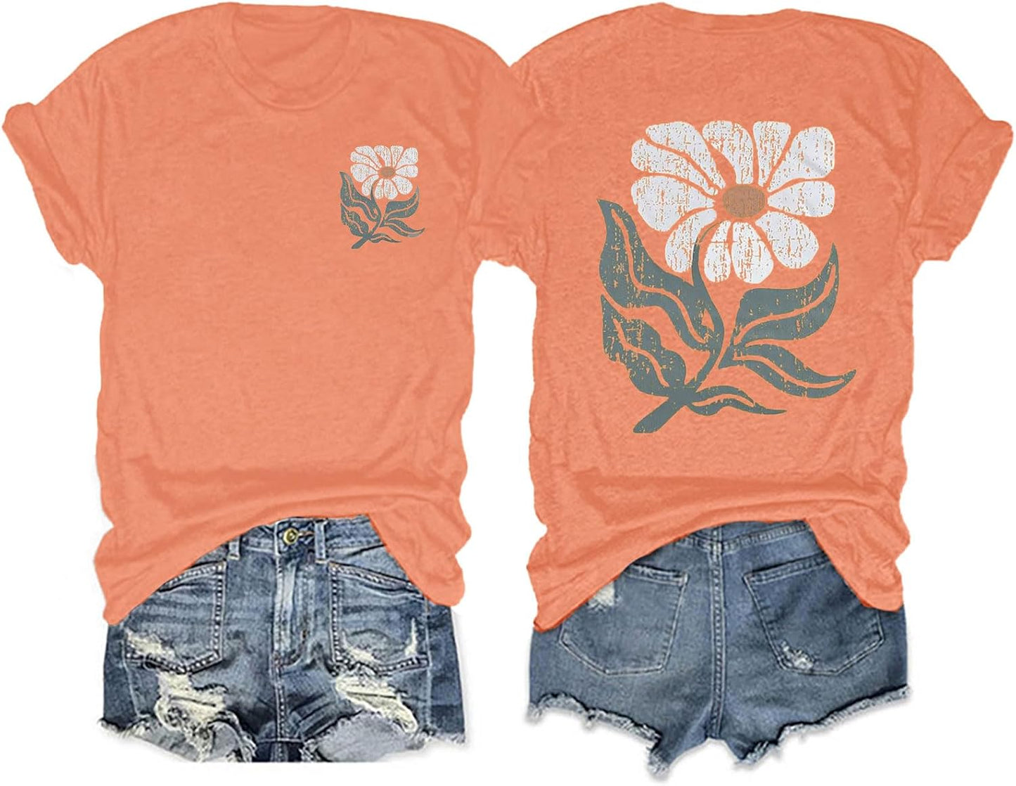 Women's Botanical Graphic Tees Boho Wildflowers Print Short Sleeve Beach Tshirts Loose Fit