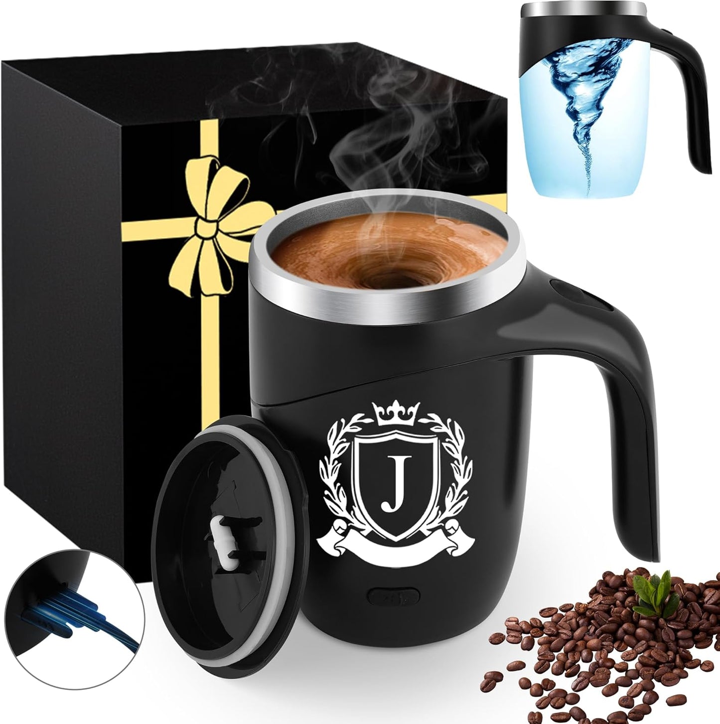 Initial Magnetic Stirring Coffee Mug Stainless Travel Cup Adult Men Guy Him Brother Dad Boyfriend Uncle Niece Best Friendship Grandpa Grandfather Husband Son Law Happy Birthday Cool Meaningful Gifts,J