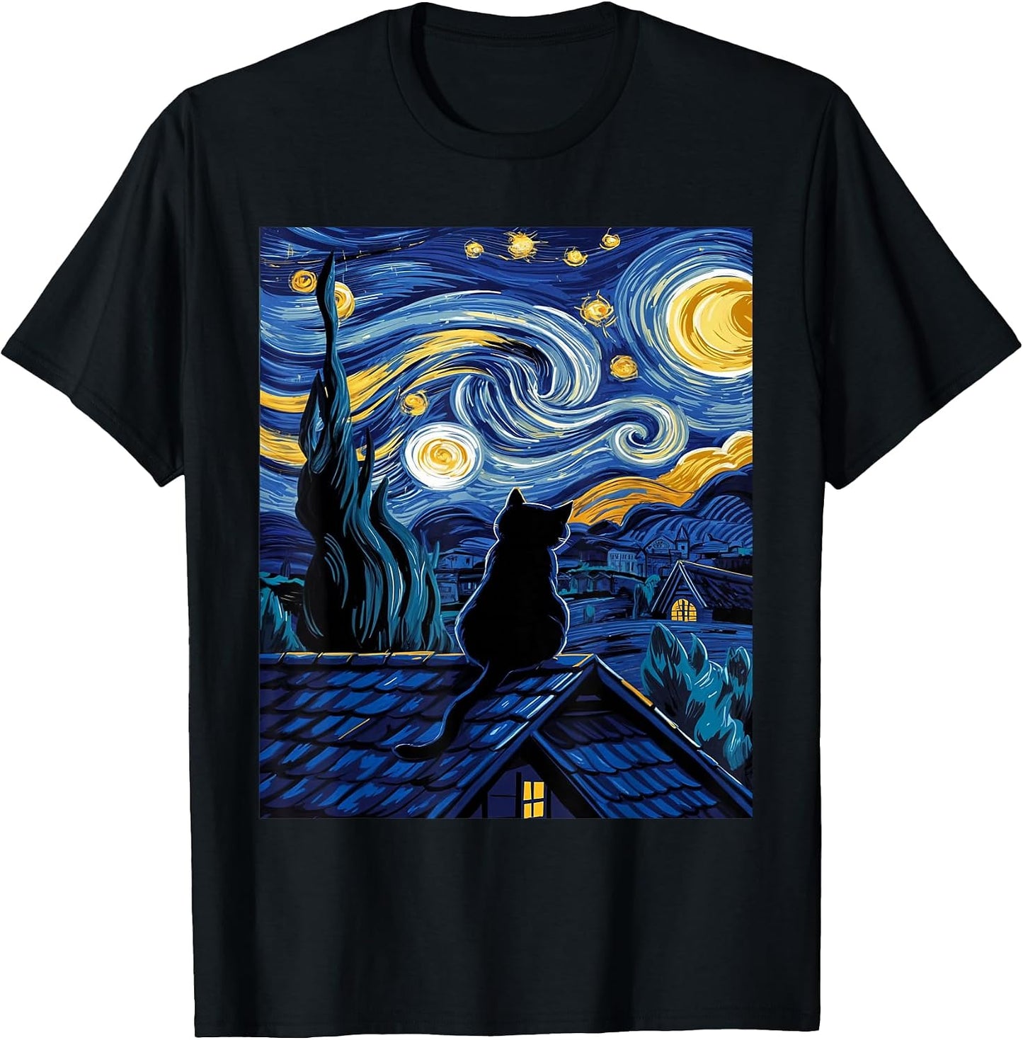 Cat Starry Night Van Gogh Cat Art Lover Funny Cat T-Shirt