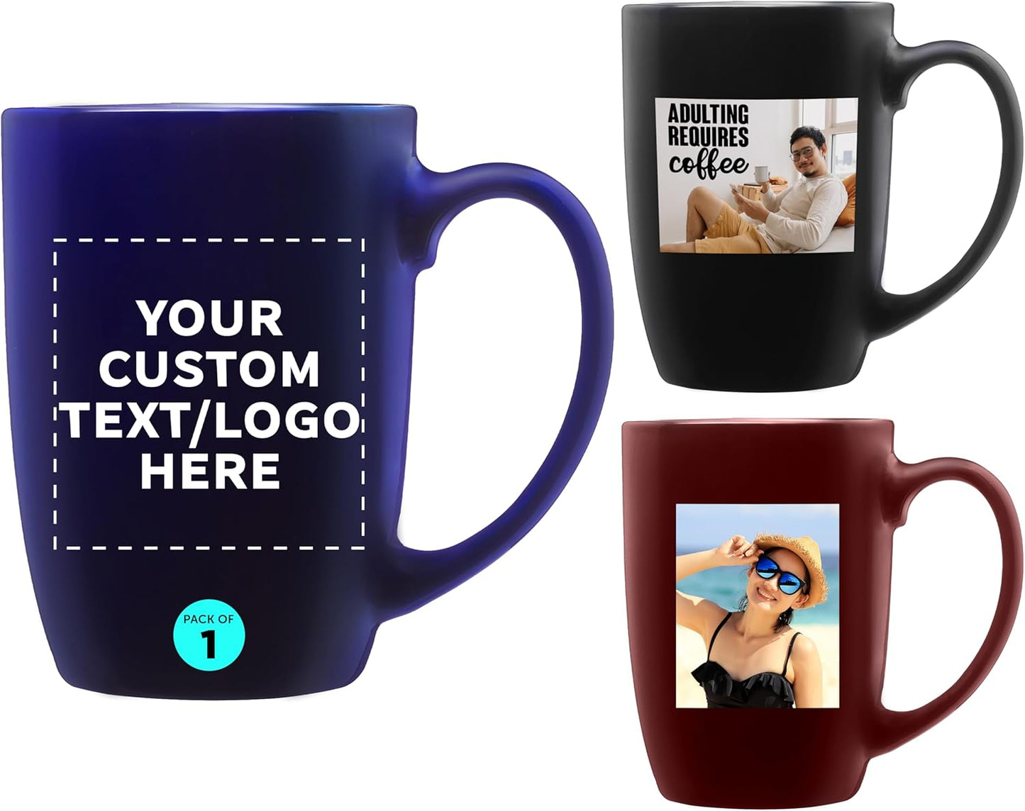 DISCOUNT PROMOS 1 Large Mocha Glossy Ceramic Coffee Mugs Set, 16 oz. - Customizable Text, Logo - Stoneware, Smooth, Durable, C-handle - Blue