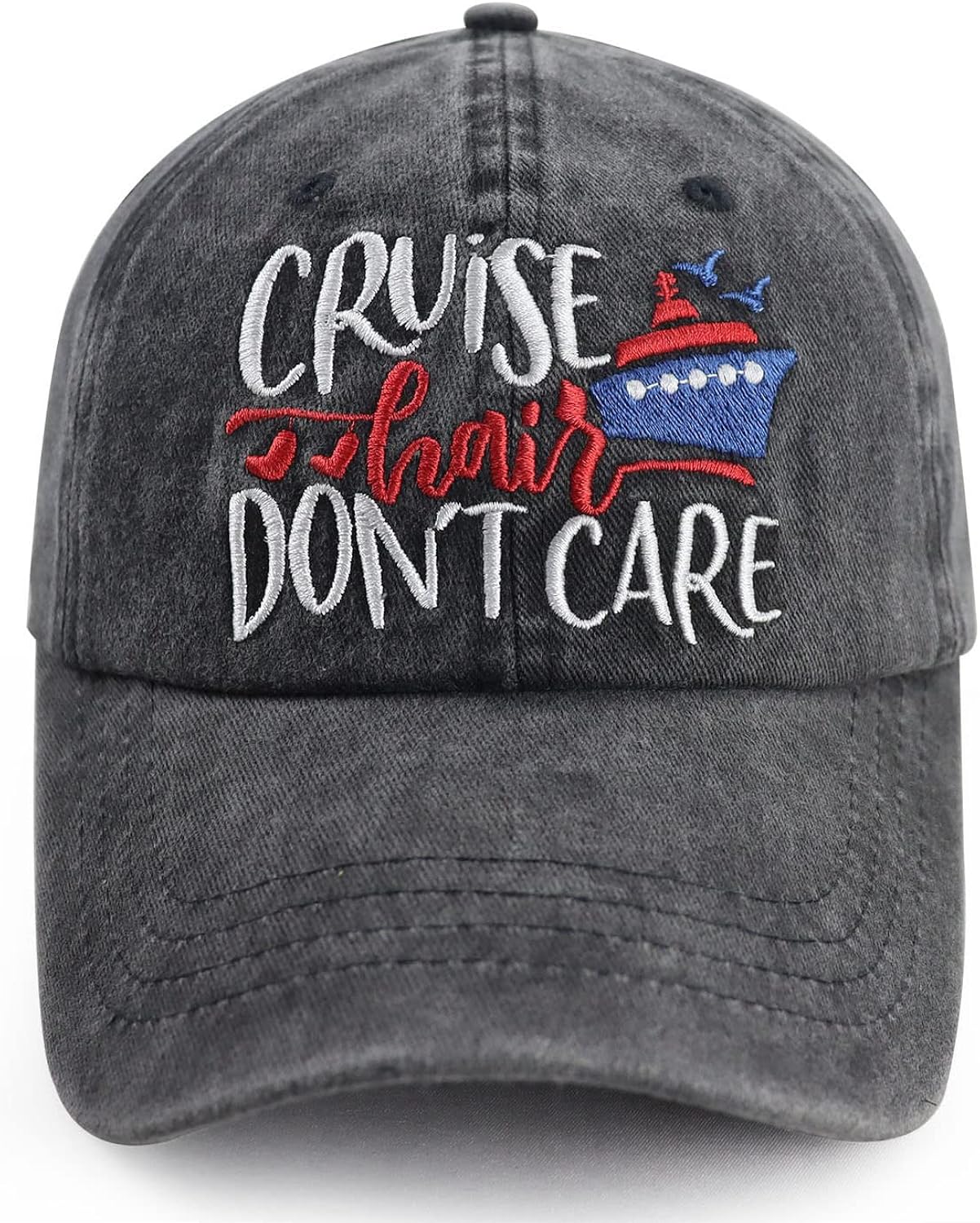 Cruise Hair Don't Care Hats for Men Women, Adjustable Vintage Embroidered Washed Cotton Denim Boat Baseball Cap
