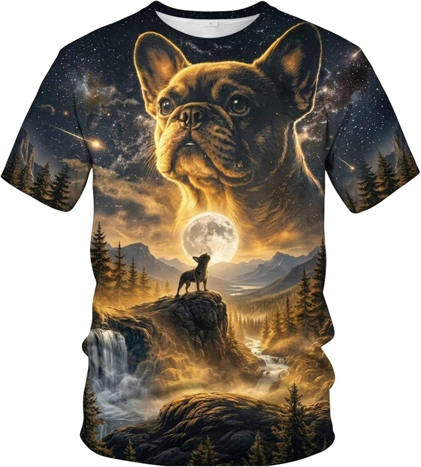 French Bulldog Howling to The Moon 3D All-Over Print T-Shirt, 90s Retro Animal Graphic Night Apparel Tee