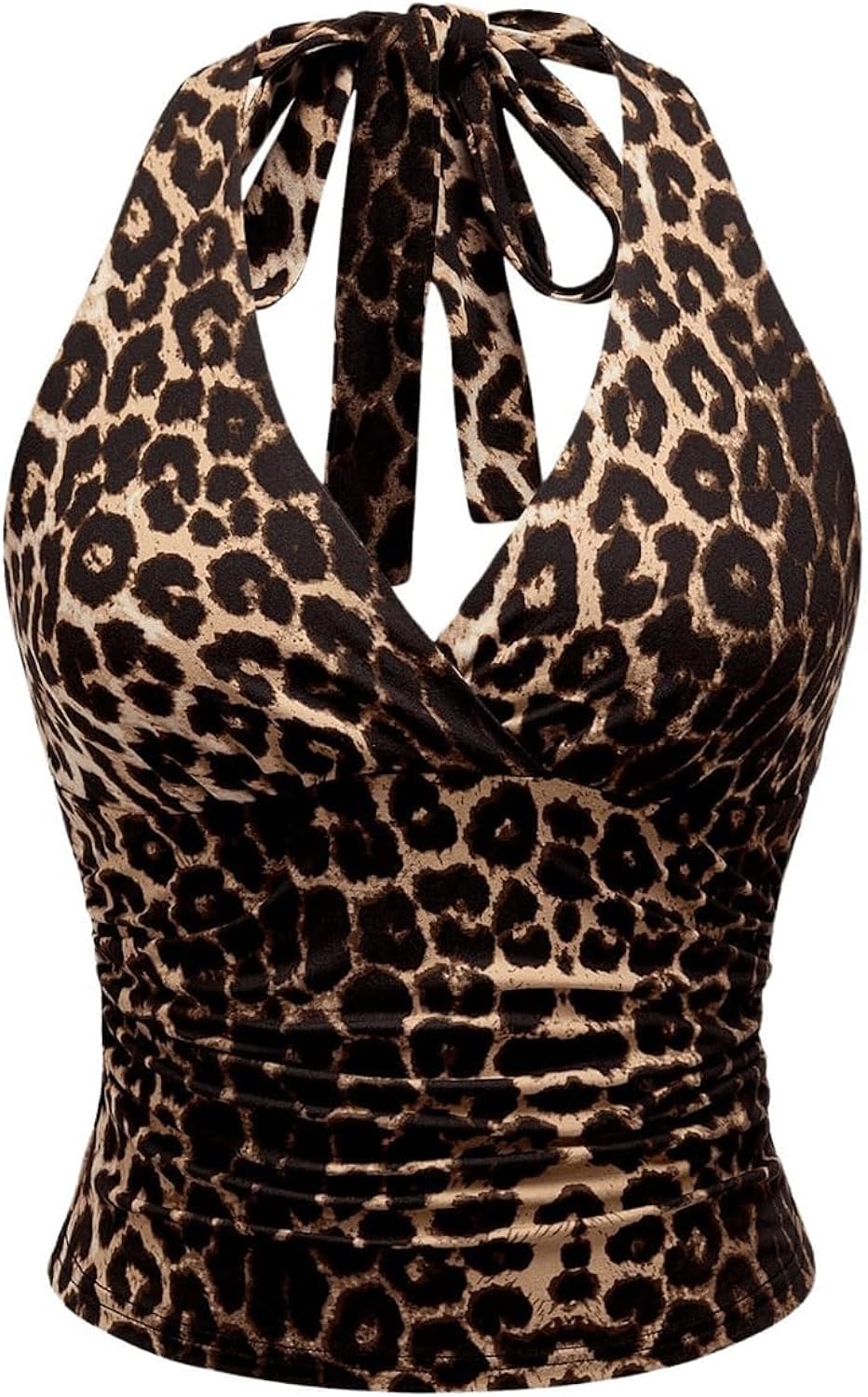 Women's Leopard Print Ruched Halter Crop Tops V Neck Tie Back Sleeveless Slim Fit Cami Tops