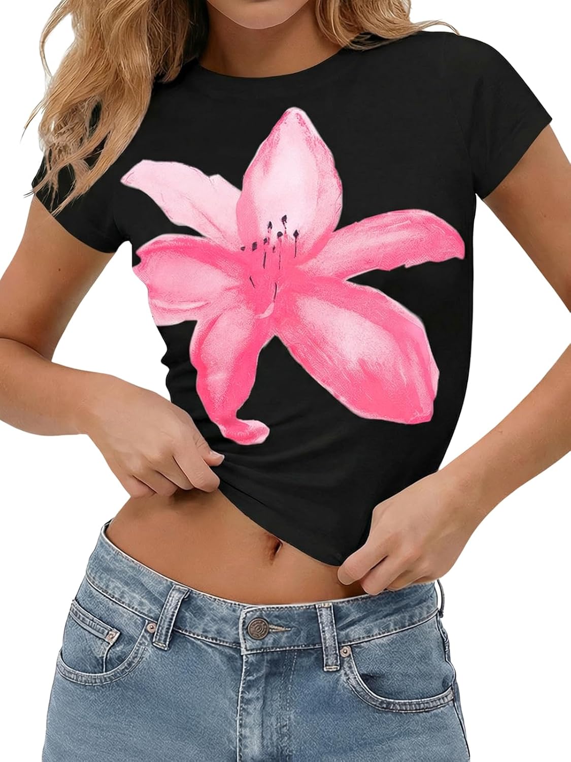 Womens Y2K Graphic Baby Tees Summer Floral Vintage Short Sleeve Tops Slim Fit Cropped T-Shirts