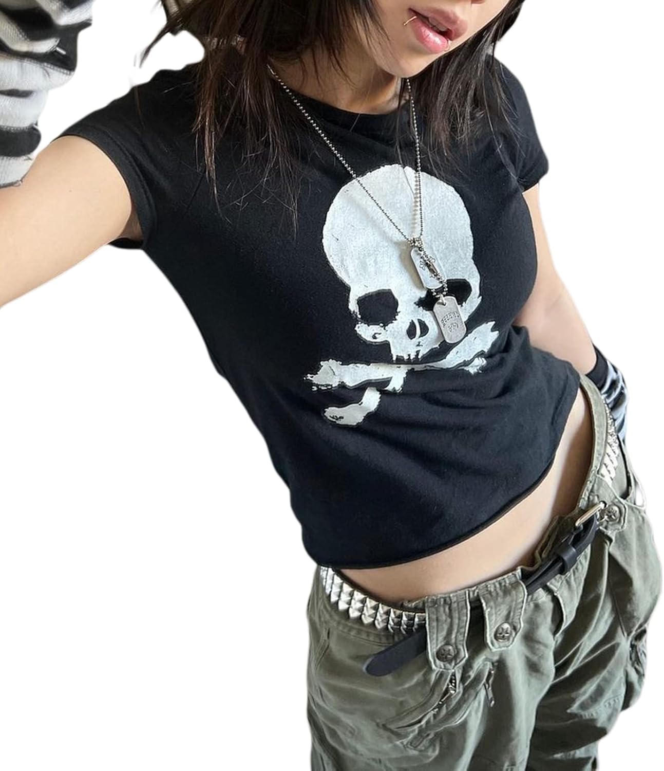 Women Y2K Grunge Short Sleeve T-Shirt Crew Neck Graphic Baby Tee Slim Casual Going Out Top Halloween Gothic Shirt
