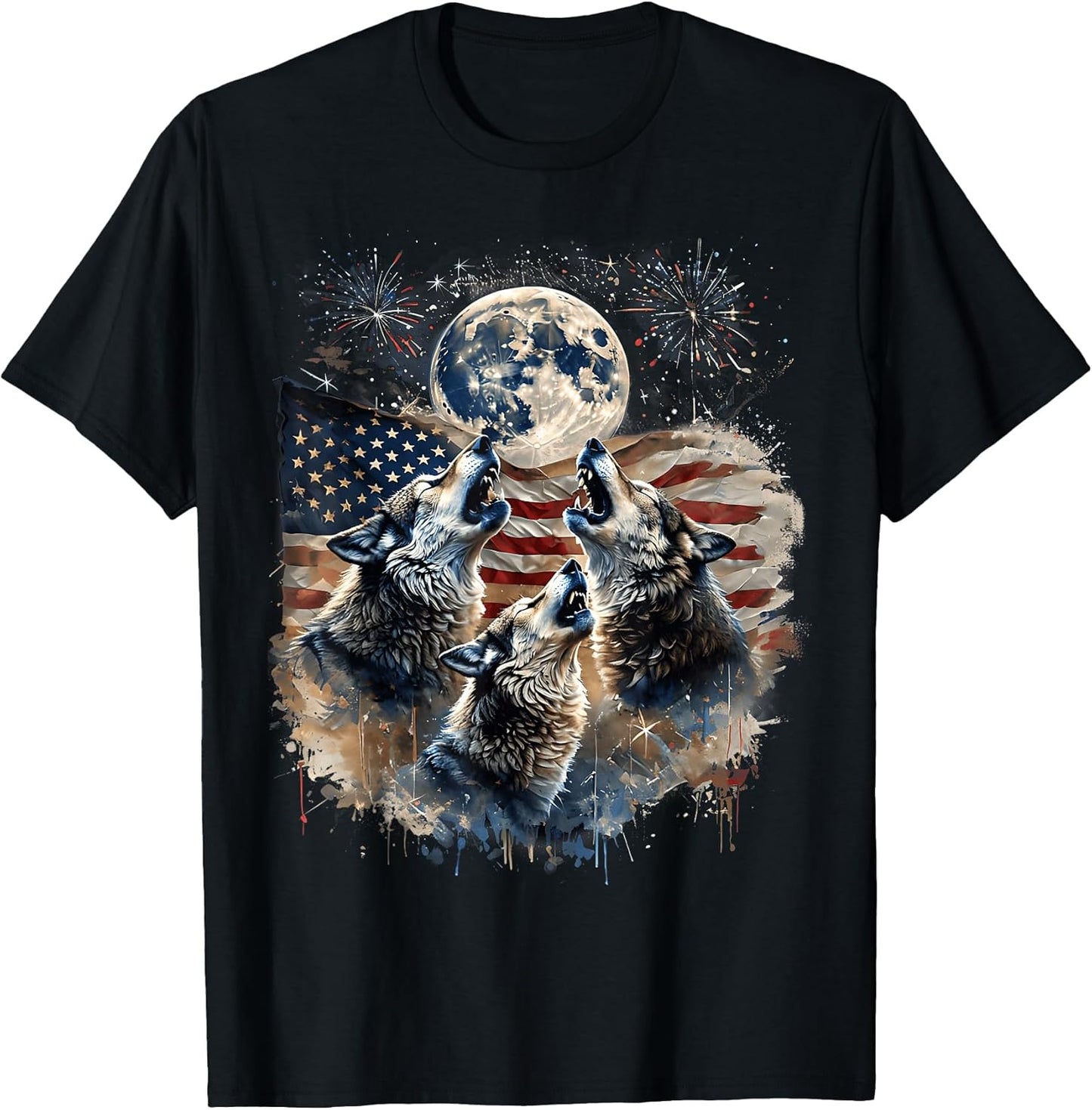 Howling Wolves Under Moon American Flag