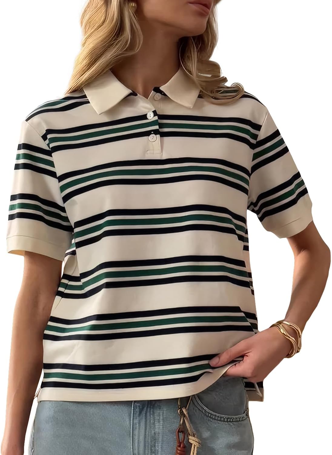 Women Y2K Striped Colorblock Button Up Polo T-Shirt Short Sleeve Loose Fit Preppy Aesthetic Tee Tops Summer Outfits