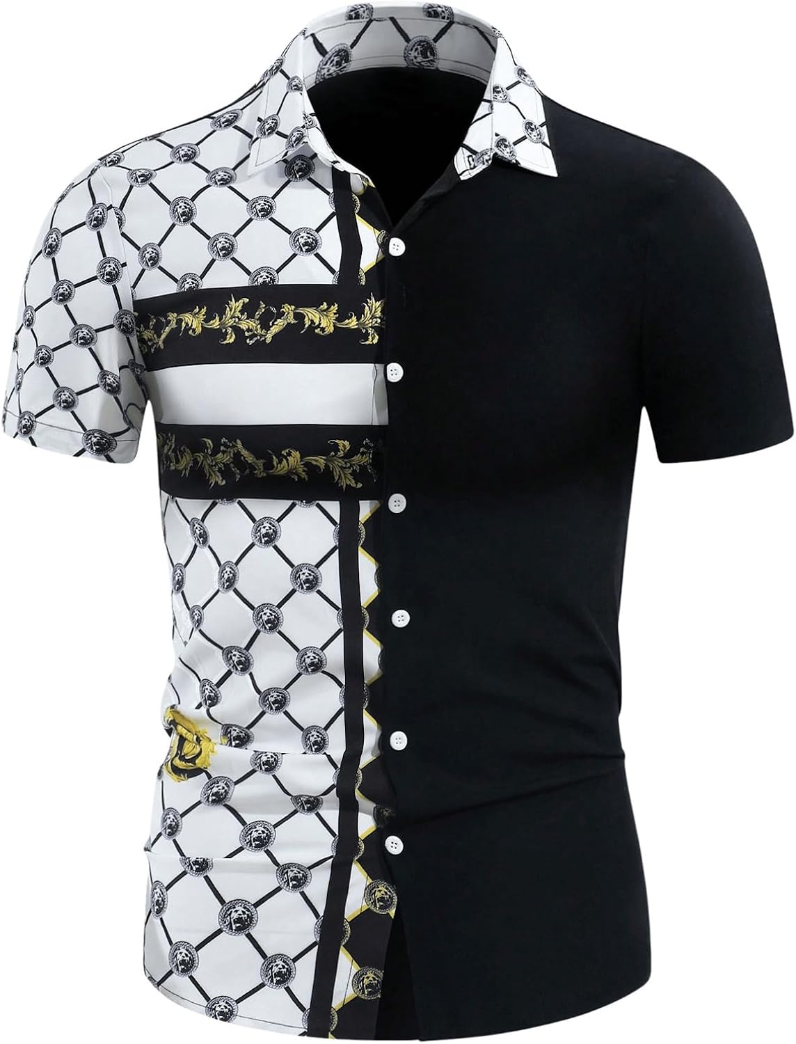 Men's Baroque Printed Dress Shirts Short Sleeve Button Down Business Dress Shirts