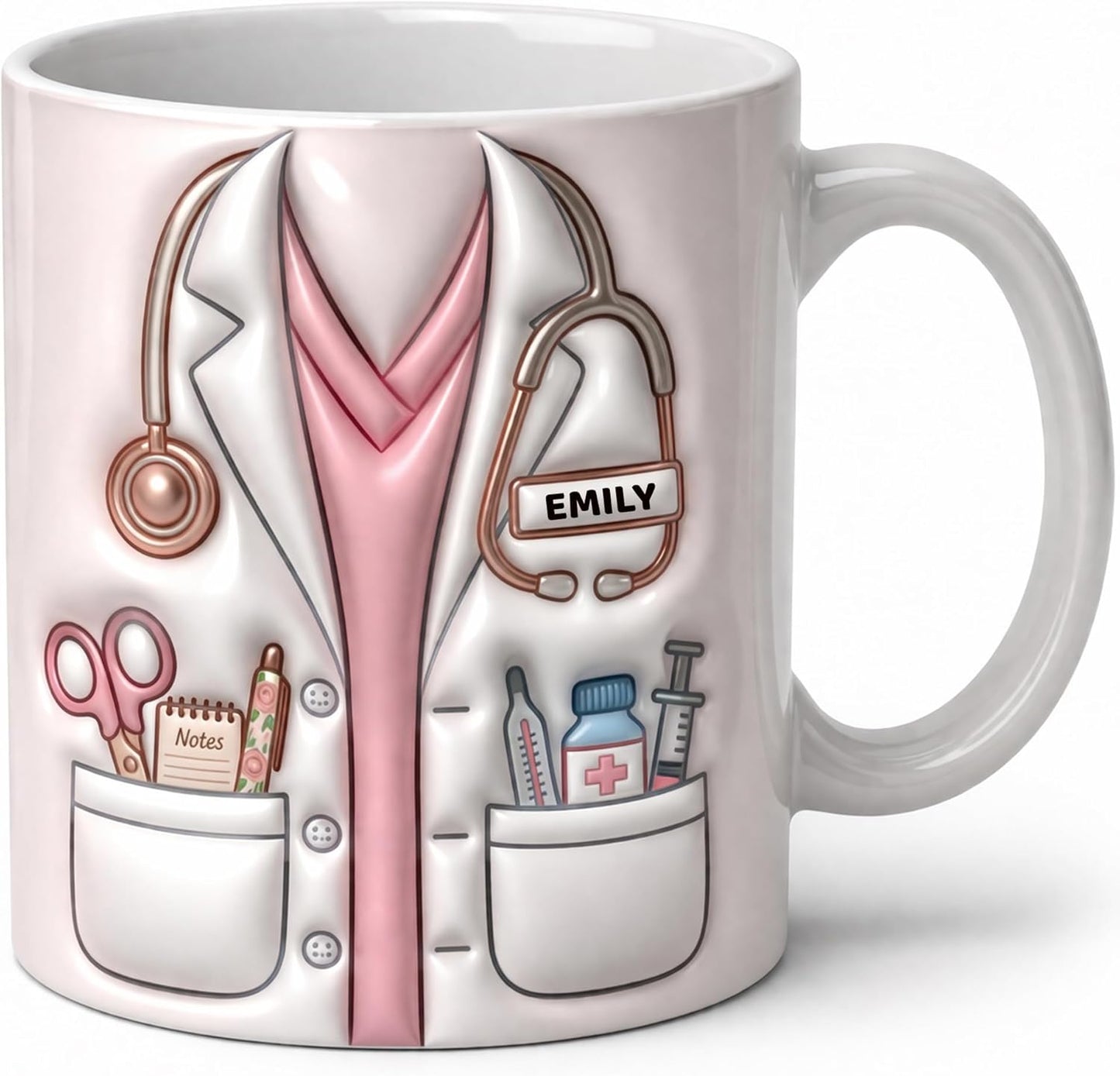 Custom Nurse’s Day Mug, Personalized Name Badge Coffee Cup for Nurses, 11 oz or 15 oz Ceramic Gift Mug, 3D-Look Printed Nurse Uniform Design