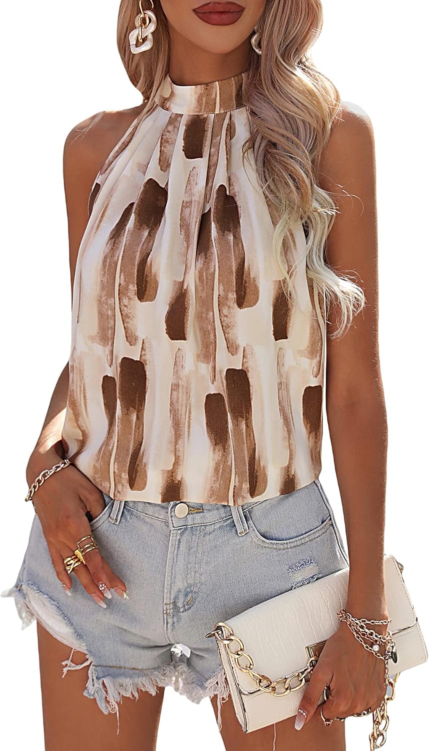 Women's All Over Print Halter Vest Sleeveless Cut Out Back Summer Top