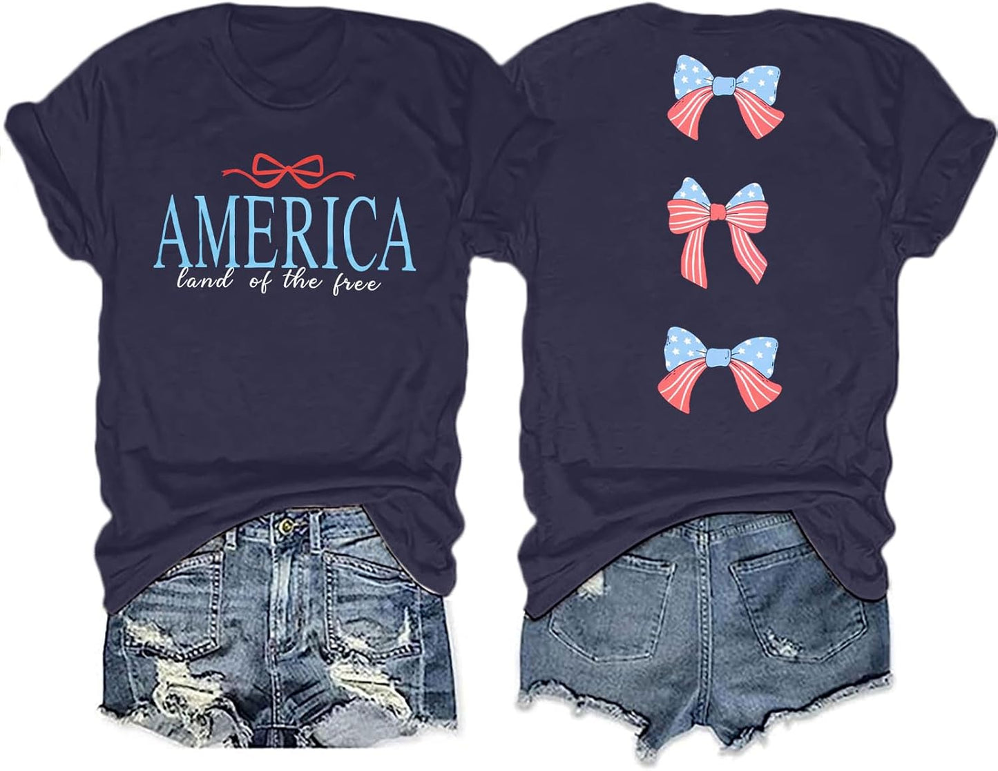 America Shirts for Women Land of The Free Shirt America Flag Coquette Bow T-Shirt USA Patriotic Tees 4th of July Outfits