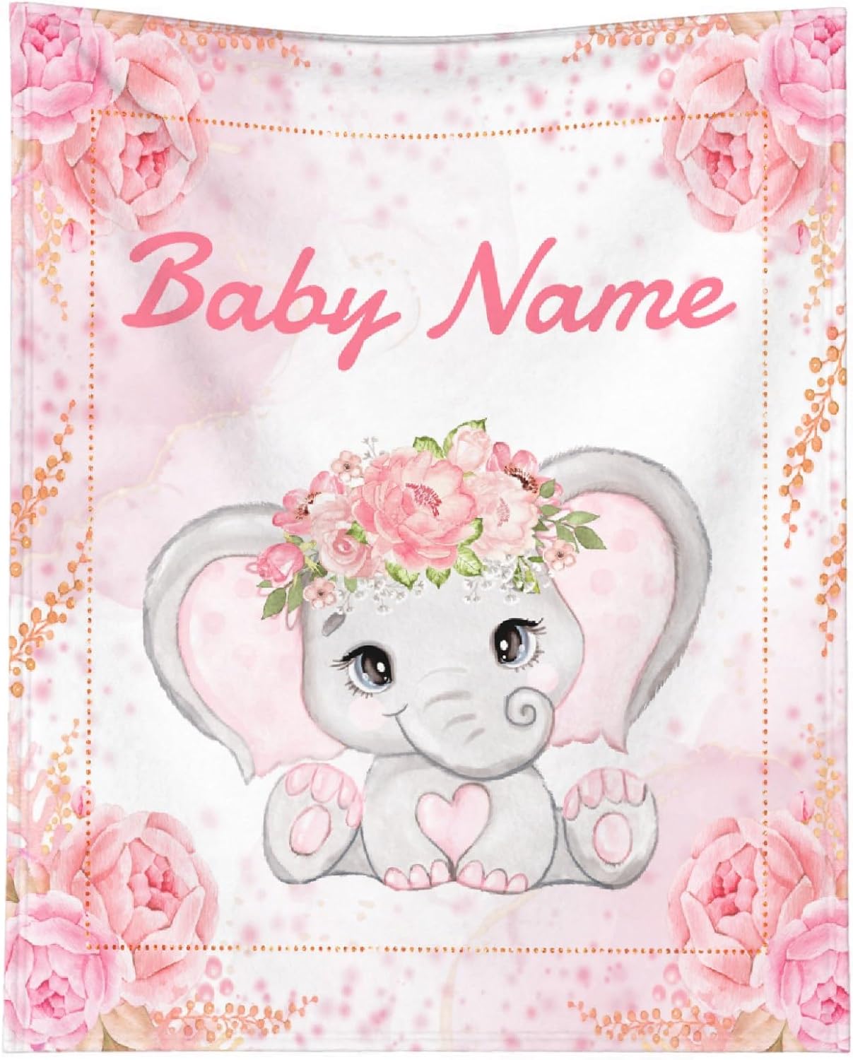 Custom Elephant Baby Blanket for Girls Women Pink Flowers Personalized Blanket with Name Soft Flannel Lightweight Throw Blankets for Bedding Practical Gifts X-Small 40×30in for Toddlers
