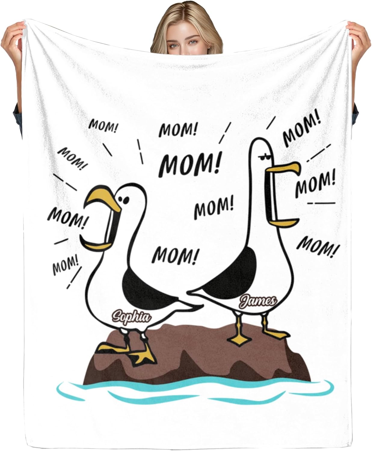 Funny Seagull Mom Throw Blanket Personalized Name from Daughter, Soft Fleece Custom Birthday Gift for Women Home Decor