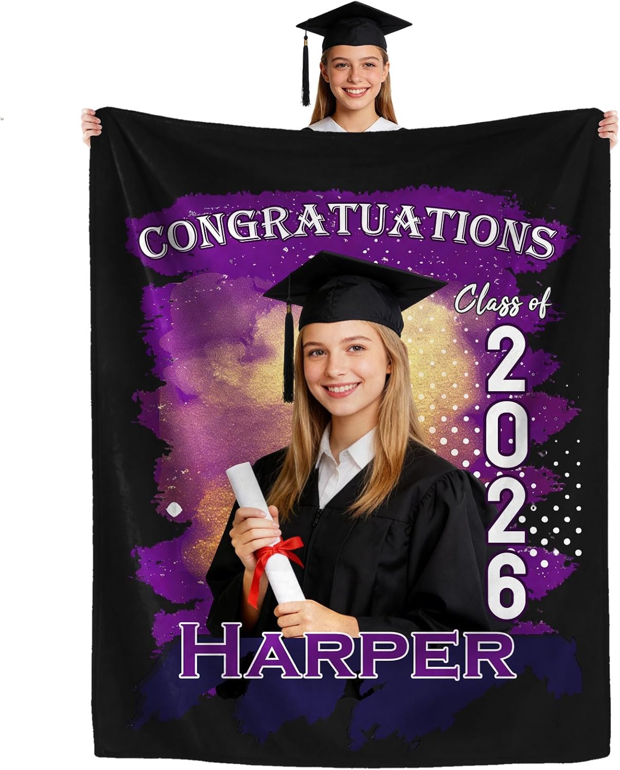 Ships Next Day Custom Graduation Blanket with Picture Text, Class of 2026 Personalized Photo Throw Blankets Customized Flannel Blanket Graduation Gifts for Him Her Son Daughter Brother Sister