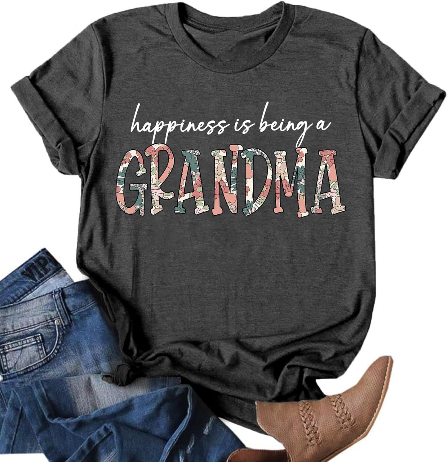 Grandma Shirts for Women, Happiness is Being a Grandma Letter Printed Tshirt Nana Gigi Casual Tee Tops