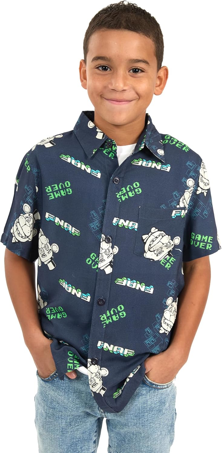 Five Nights At Freddy's Freddy Game Over All-Over Print Boy's Navy Short Sleeve Button-Down Shirt