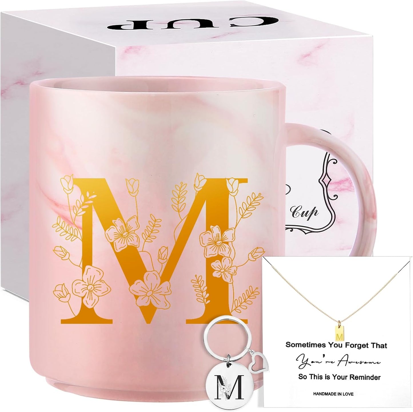 Personalized Monogrammed Gifts for Women,11 oz Initial Ceramic Coffee Mug with Necklace, Unique Mothers Day Birthday Gift for Grandma Auntie Sister Wife Teacher Friend Mom, M