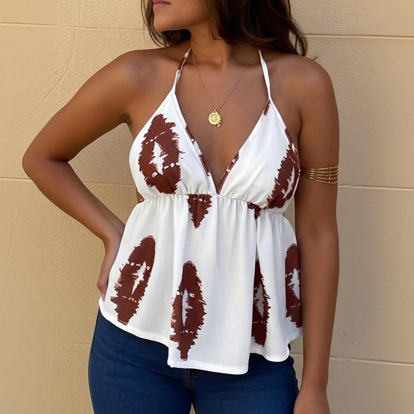 Summer All-Over Print Tie-Front Women's Tank Top Vacation-Style Strappy V-Neck Versatile Tank