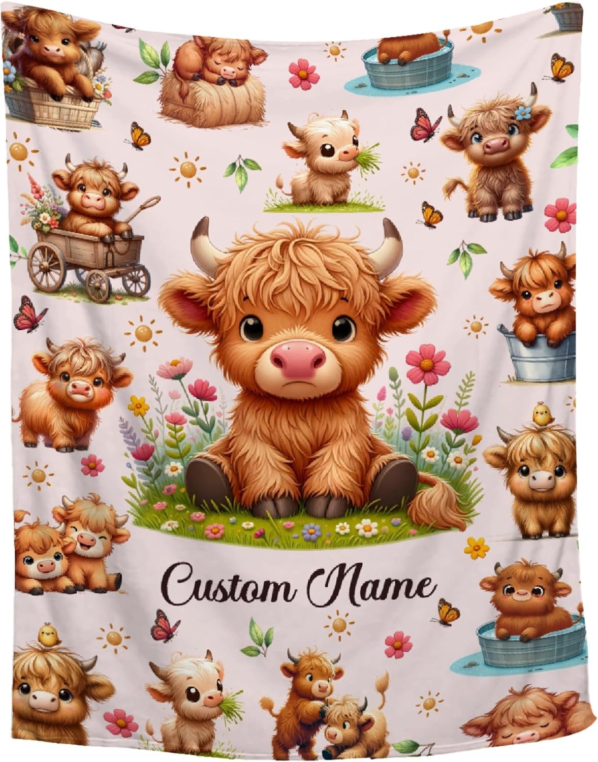 Custom Highland Cow Blanket,Personalized Baby Highland Cow Blanket,Soft Cozy Personalized Name Blankets for Kids,Baby Gift Blankets,30"x40"-Toddler Size for Baby/Pet