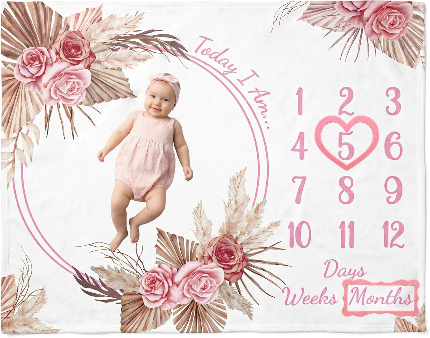 Baby Milestone Blanket for Baby Girl – Boho Floral Pampas Grass 50" x 40", Today I Am Photo Backdrop, Days/Weeks/Months Tracker 1-12, Felt Heart Frame, Nursery Decor