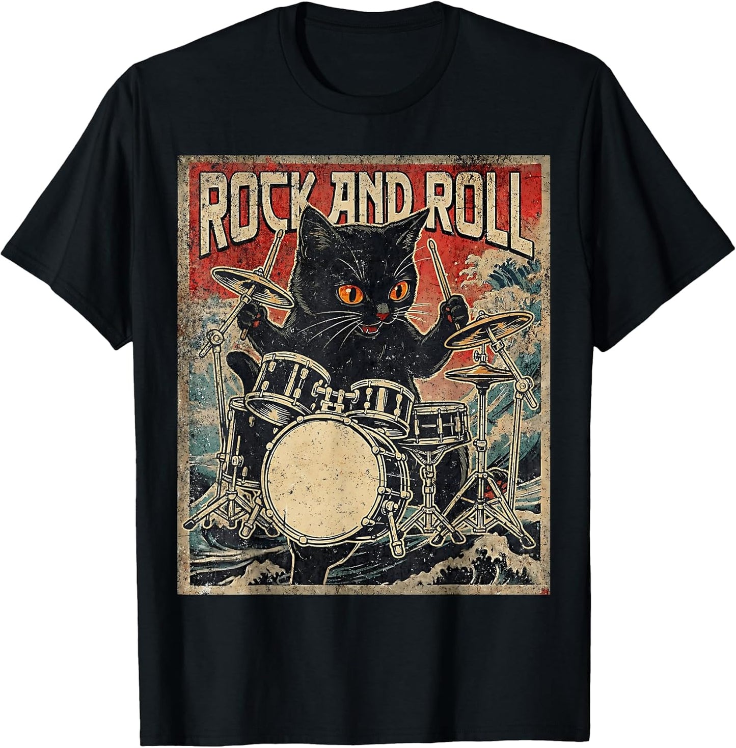 Cat Playing Drums Rock On Vintage Rock Drummer Cat T-Shirt