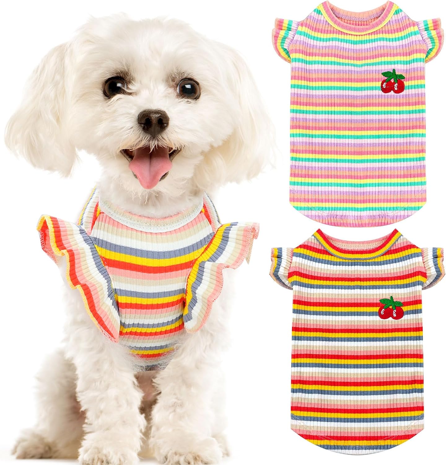 2 Pack Cute Striped Small Dog T Shirts Soft Cotton Girl Dog Clothes Breathable Pet Puppy Cats Vest Spring Summer Pet Outfits(Pink+Orange,Medium)