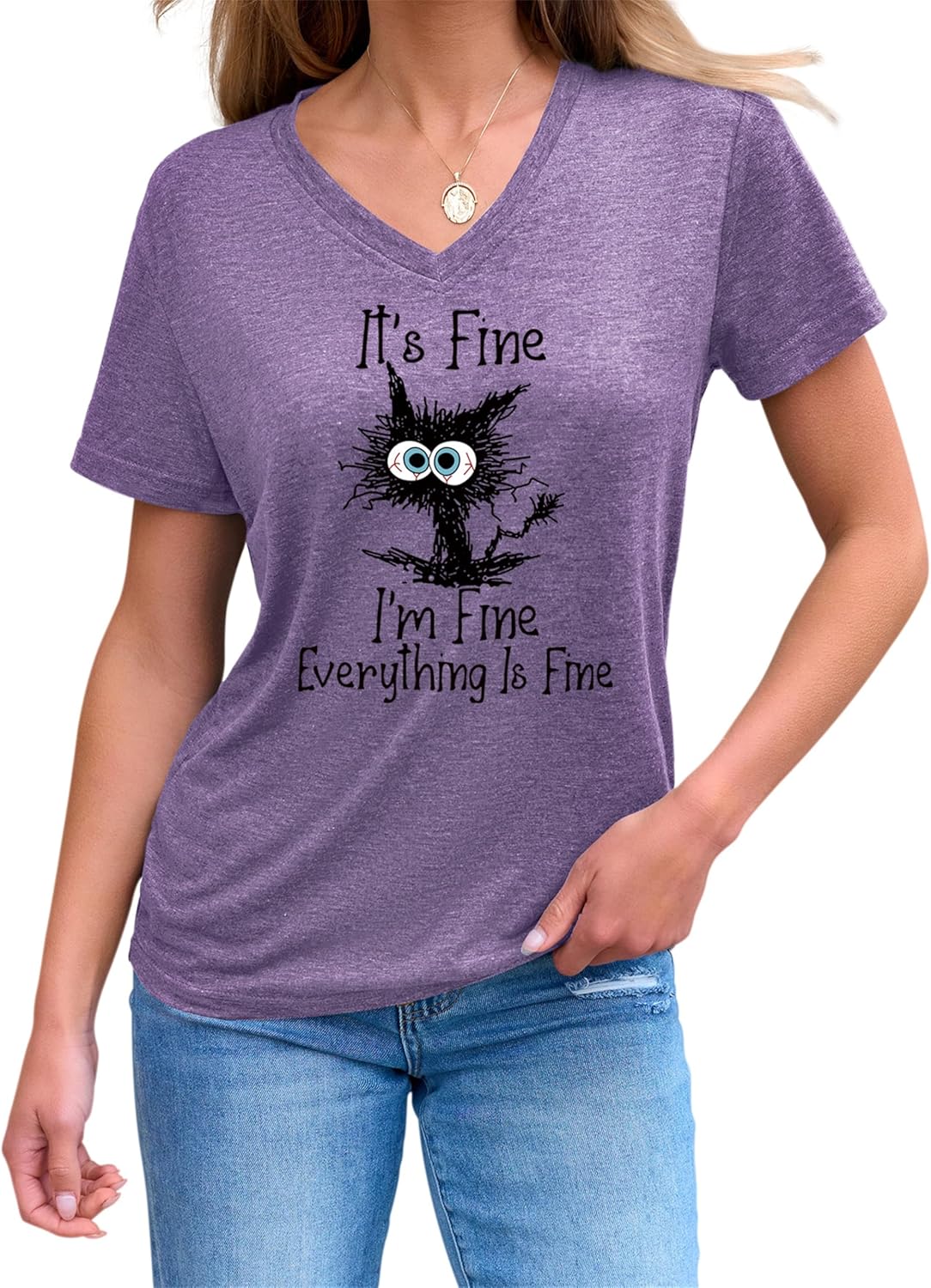Women's I'm Fine Everything is Fine T Shirts Funny Sayings Casual V-Neck T Shirt Cute Cat Graphic Tee Sarcastic Shirts